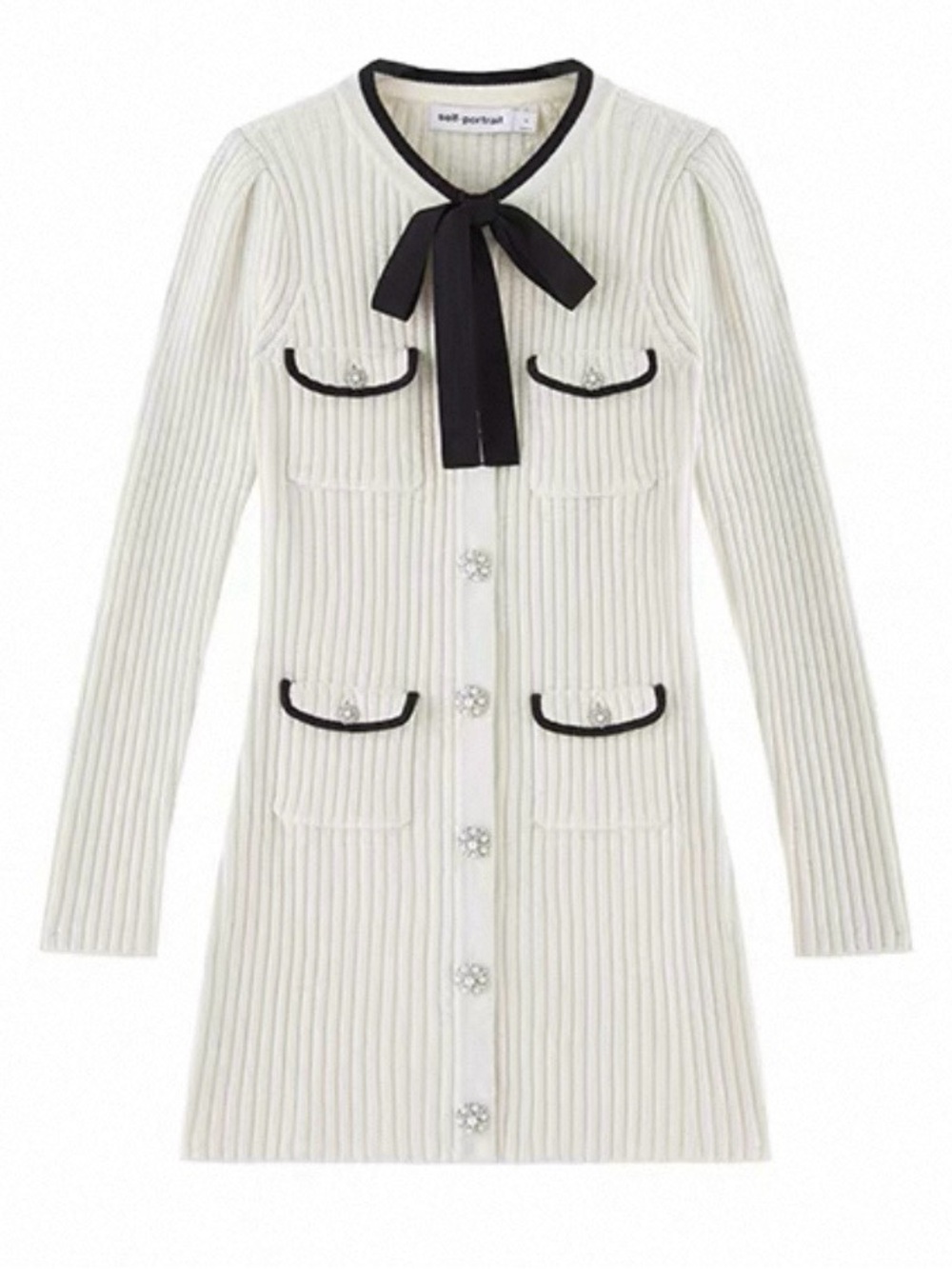 Self-Portrait Cream Ribbed Knit Dress with Black Bow Trim